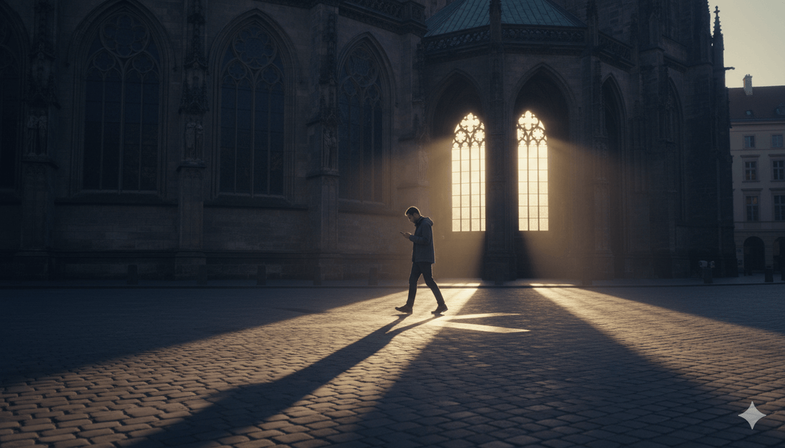 Mlada osoba hoda pored katedrale, svjetlost tvori križ, spoj svetog i suvremenog