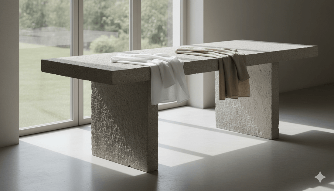 Presavijene bež i bijele tkanine na kamenoj površini, svjetlost iz luka prozora