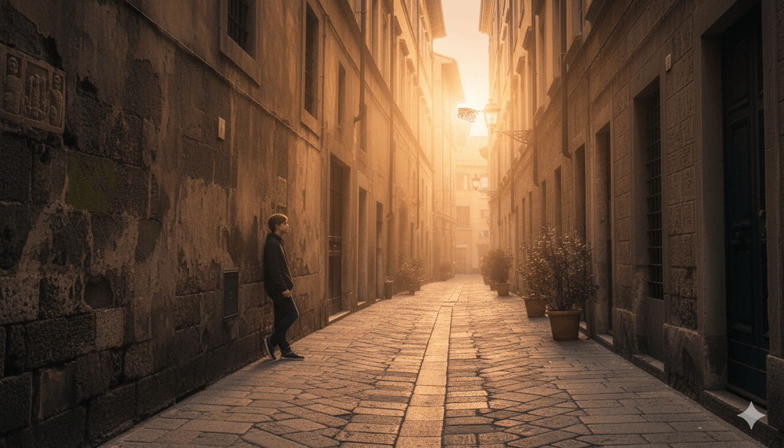 Tiha gradska ulica, osoba stoji sama uz kameni zid, kasno poslijepodne, mirna atmosfera