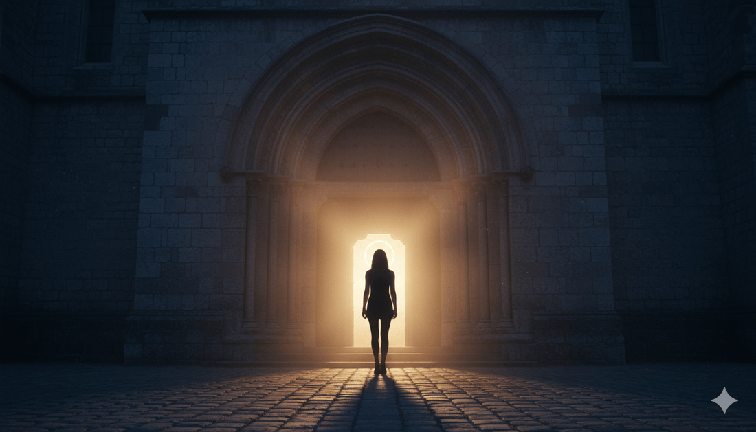 Ženska silueta ispred crkvenih vrata u zoru, simbol zaštite i unutarnje snage
